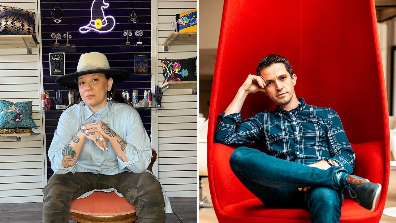 A composite image featuring a woman in camouflage pants and a denim shirt under a neon witch hat, alongside a man in jeans and a button-down shirt seated on a red chair.